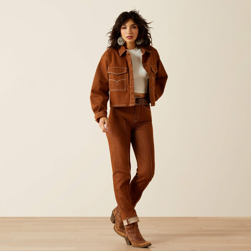 ARIAT Boxy Cropped Denim Jacket-PECAN BROWN