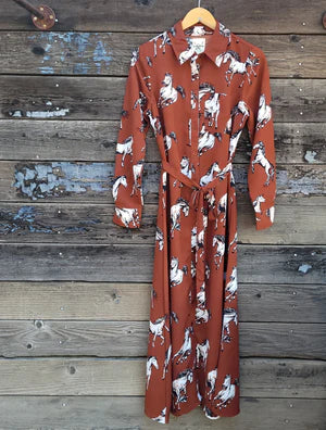 COTTON AND RYE - BROWN HORSE PRINT DRESS
