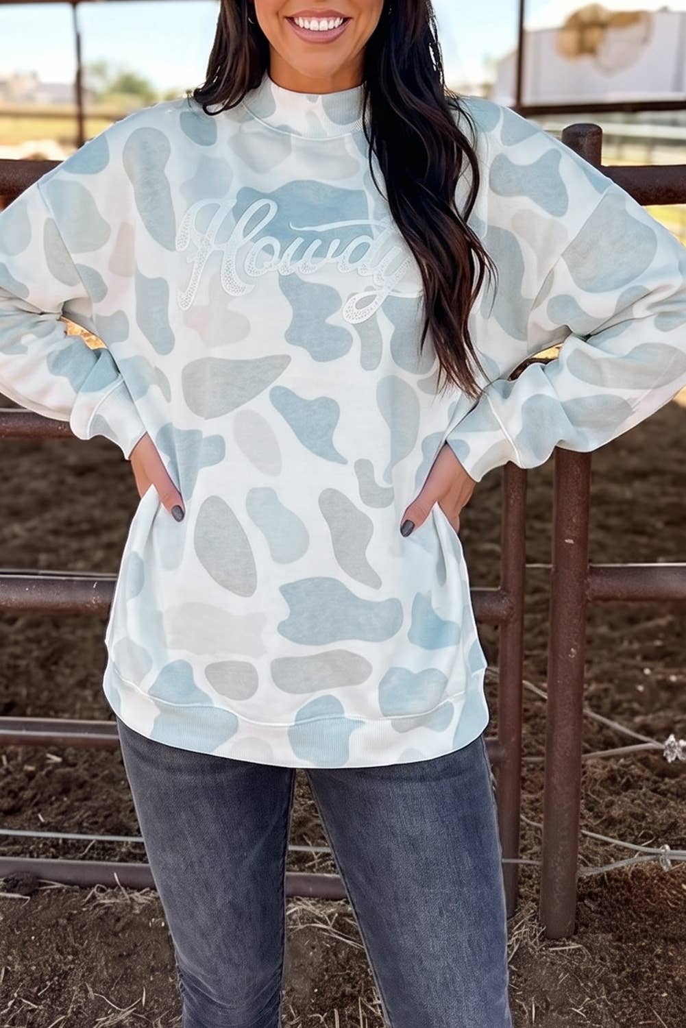 Camo Howdy Western Baggy Pullover Mock Neck Sweatshirt : Multicolour / S