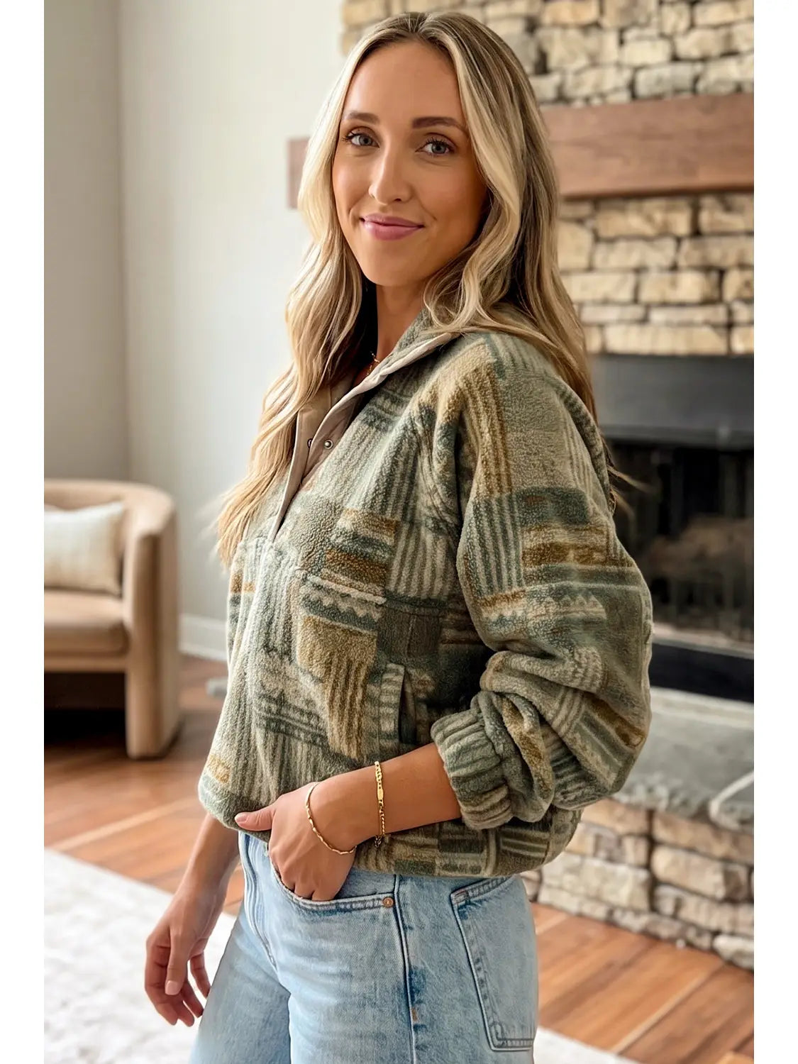 Western Print Fleece Pullover Casual Fit Sweatshirt