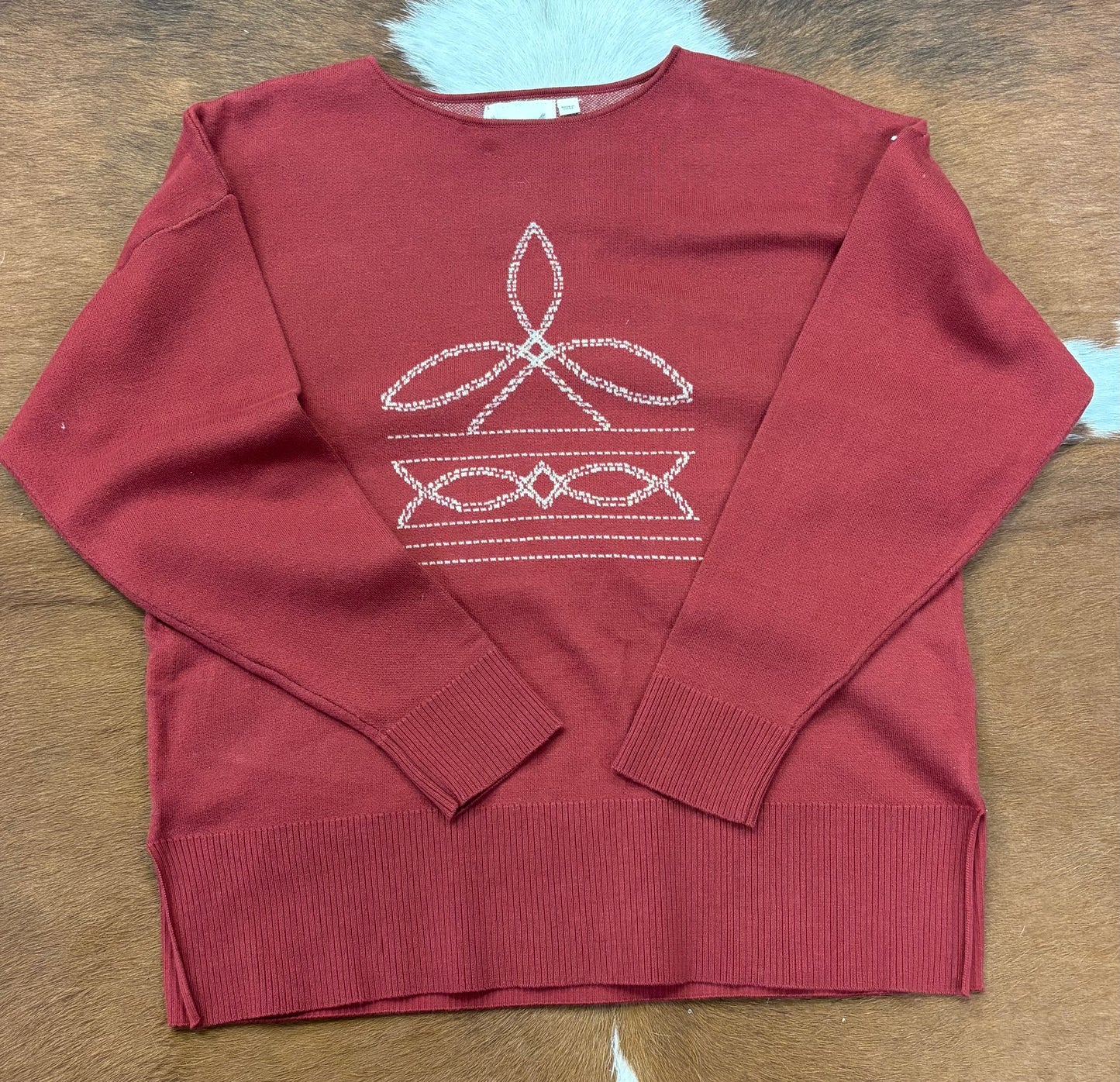 Cotton & Rye Women's RED Boot Stitch Print Sweater