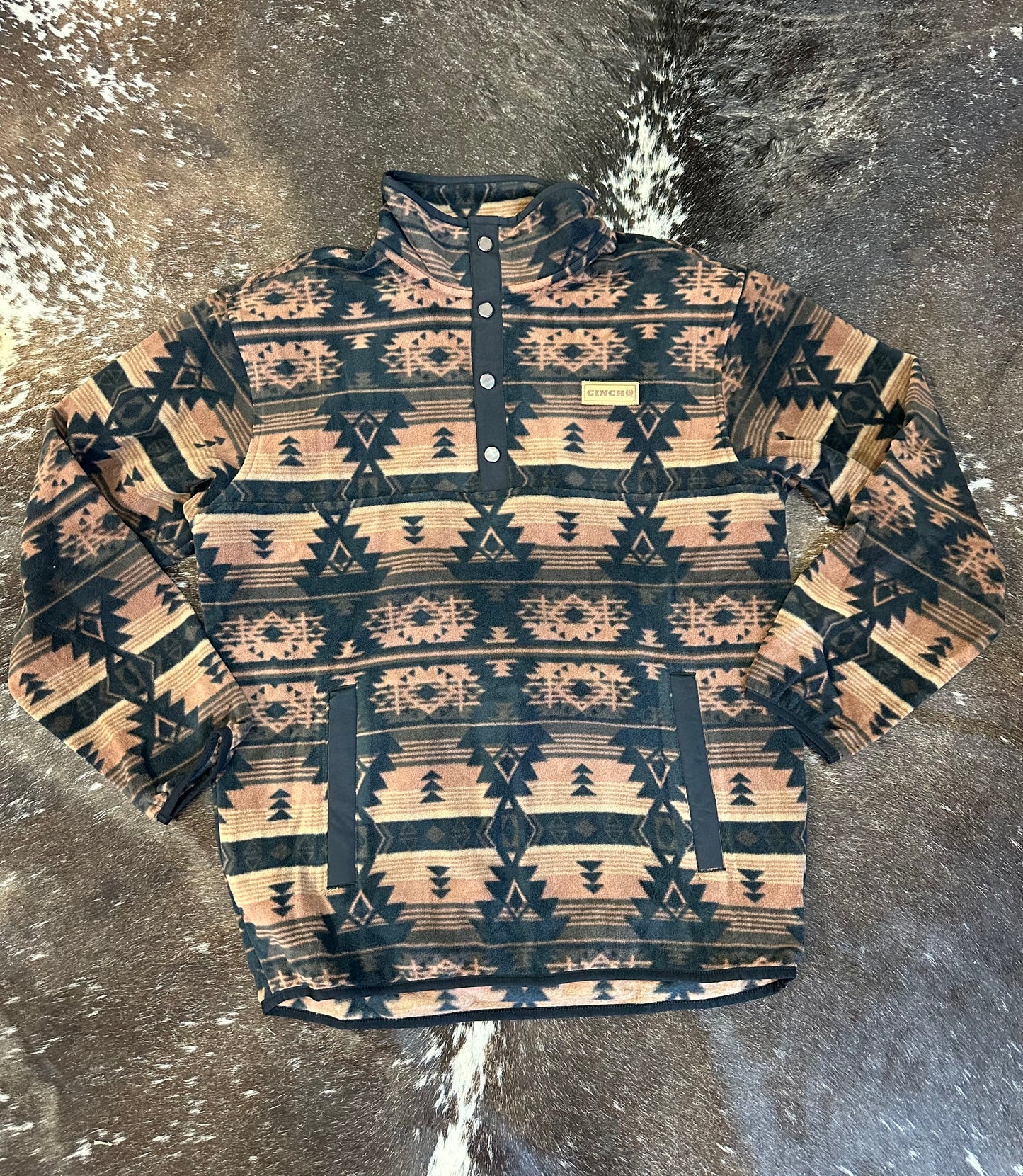 CINCH MENS 1/4 BUTTON BLACK/BROWN AZTEC POLAR PULL OVER