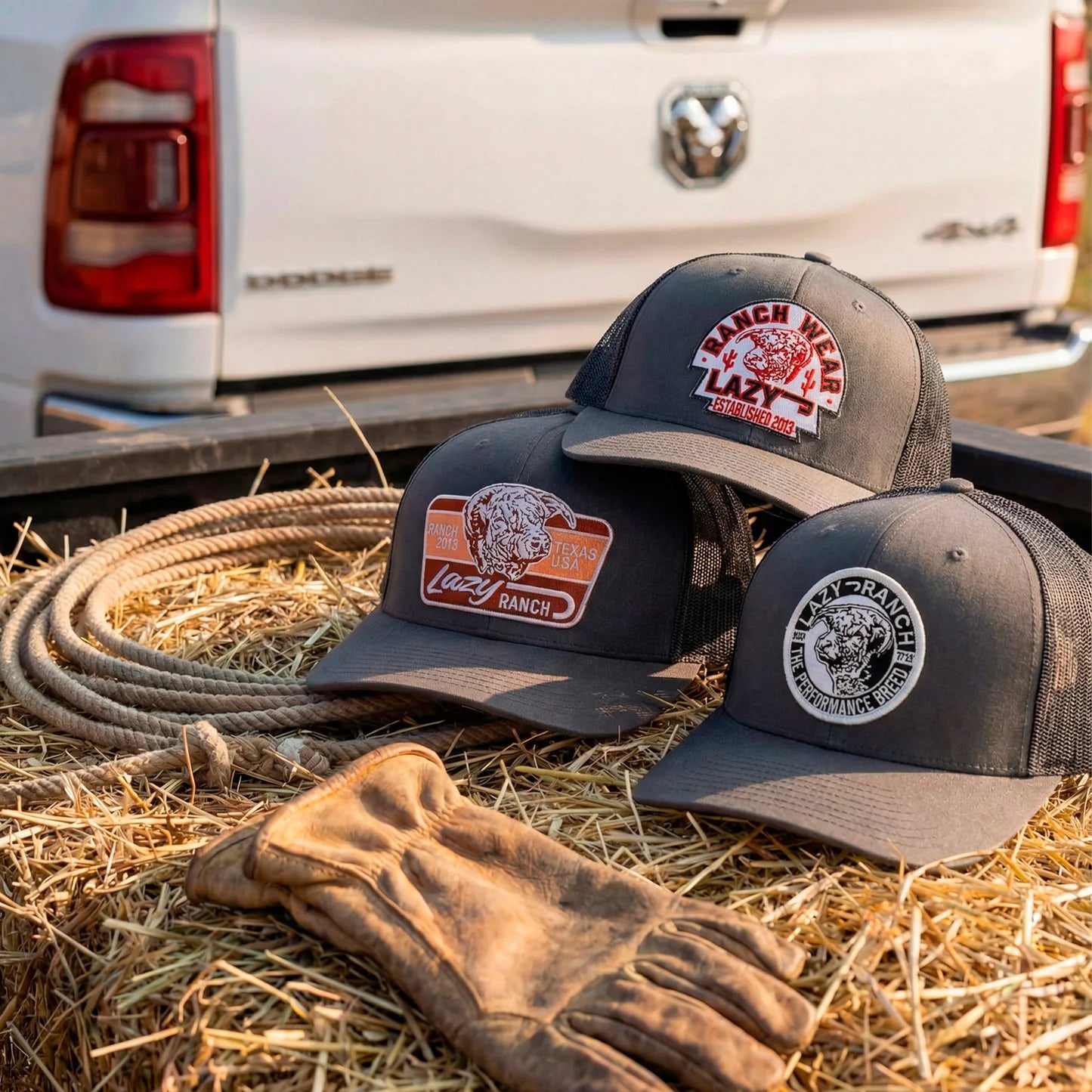Lazy J Ranch Grey Mid Profile Trucker Hat - Multiple Patches