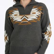 Cinch Ladies Charcoal Aztec 1/4 Zip Pullover Sweater