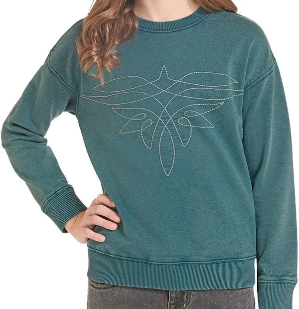 Rock & Roll Denim YOUTH Teal Embroidered Bootstitch Crewneck Sweatshirt-BG91T10013