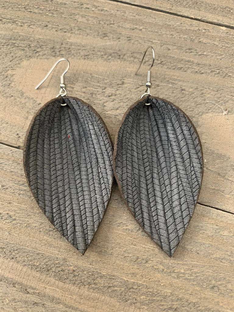 Grey Palm Leaf Textured Leather Earring (LARGE)