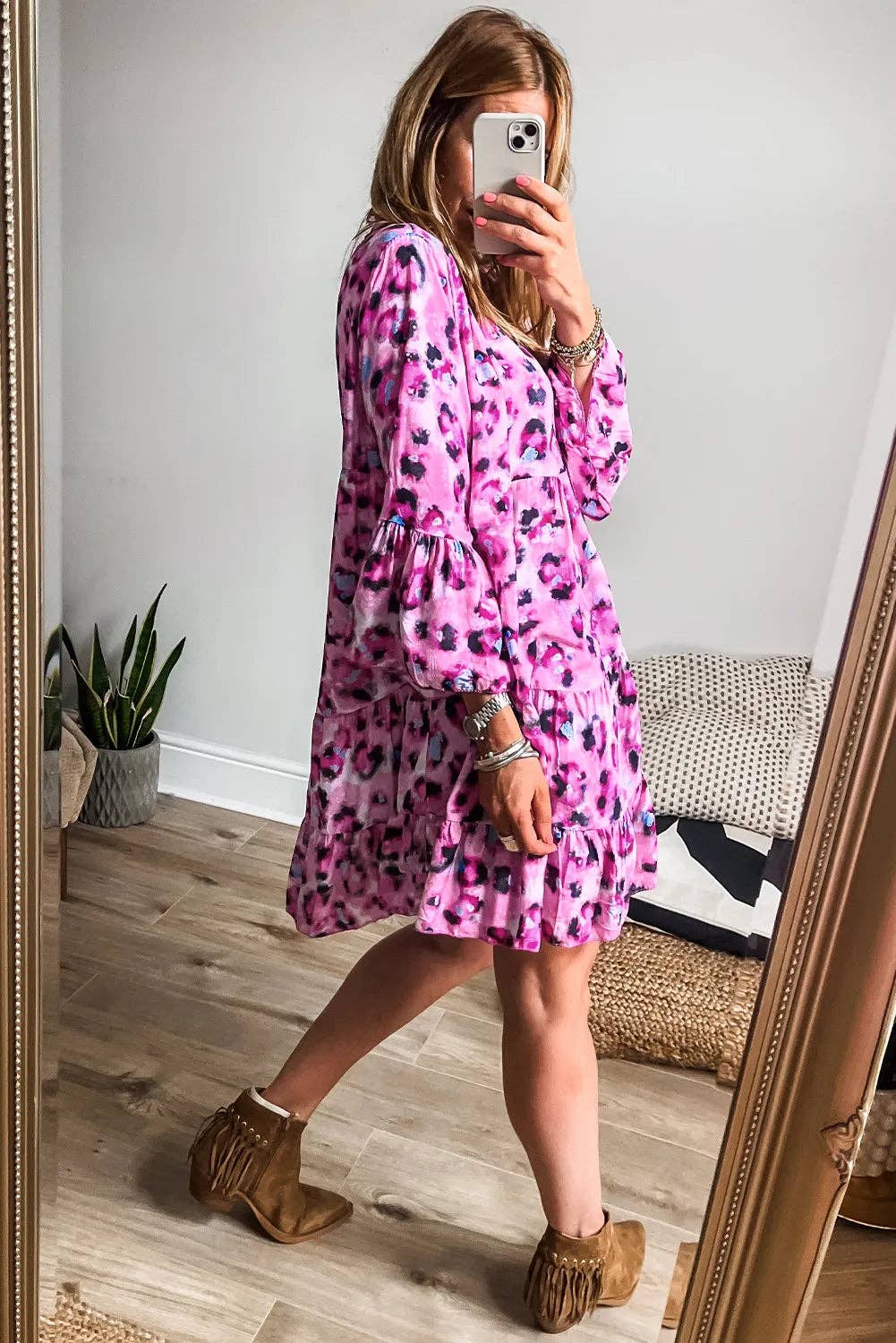 Leopard Print Buttoned Front 3/4 Sleeve Tiered Ruffled Hem Dress: Khaki / 100%Polyester / S