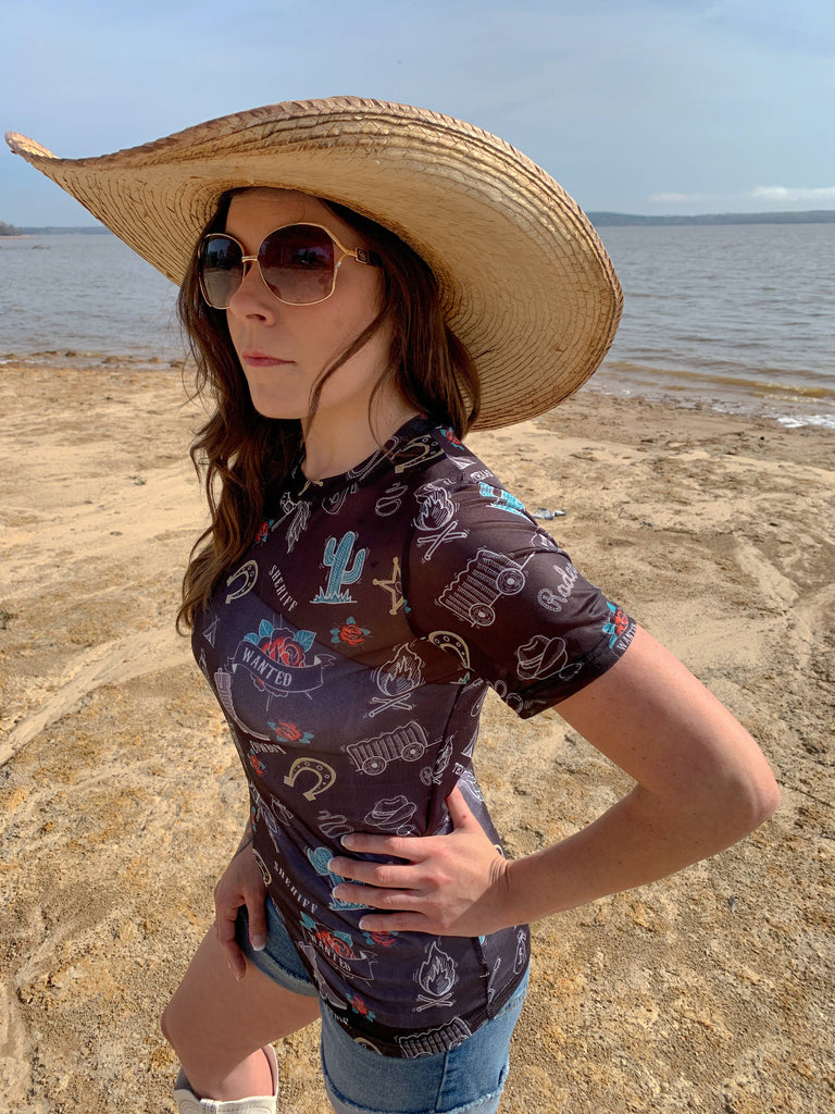 Texas Rodeo Short Sleeve Mesh Top - Black/Turq/White