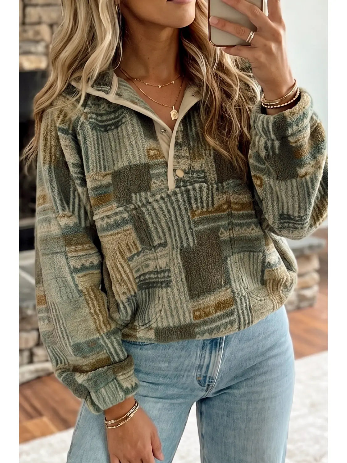 Western Print Fleece Pullover Casual Fit Sweatshirt