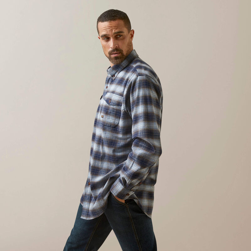 ARIAT MENS REBAR FLANNEL DURA STRETCH BLUE KHAKI PLAID
