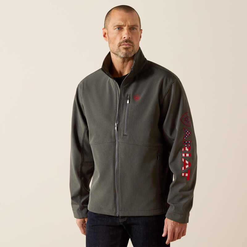 ARIAT MEN'S LOGO SOFTSHELL JACKET-CHARCOAL/AMERICANA
