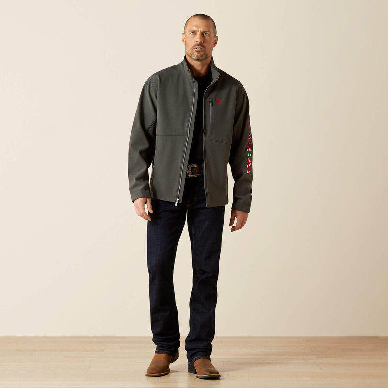ARIAT MEN'S LOGO SOFTSHELL JACKET-CHARCOAL/AMERICANA