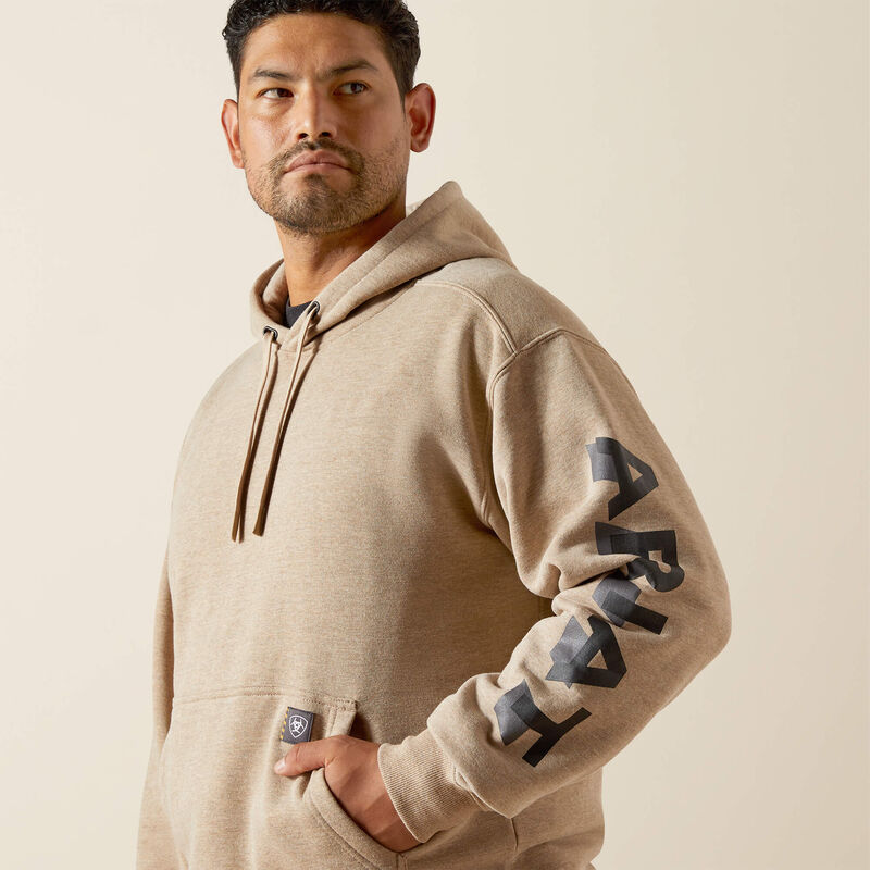 ARIAT MENS Rebar Lightweight Logo Hoodie-OATMEAL HEATHER|BLACK