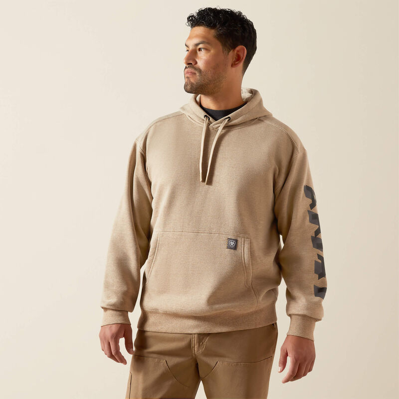 ARIAT MENS Rebar Lightweight Logo Hoodie-OATMEAL HEATHER|BLACK