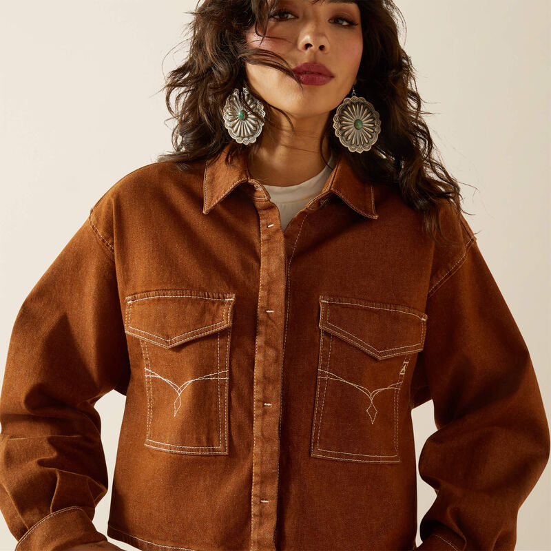 ARIAT Boxy Cropped Denim Jacket-PECAN BROWN