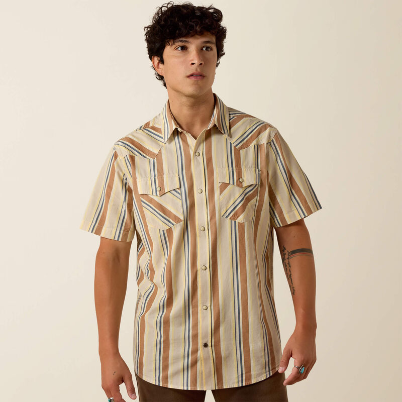 ARIAT MEN'S Retro Hawthorne Fitted Snap Shirt-SANDSHELL STRIPE