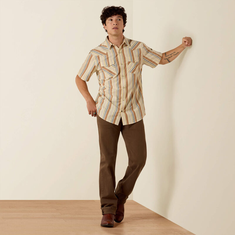 ARIAT MEN'S Retro Hawthorne Fitted Snap Shirt-SANDSHELL STRIPE