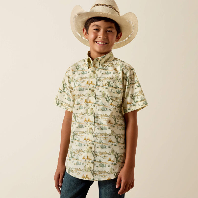 ARIAT YOUTH Sable Shirt-ALMOND OIL SCENIC PRINT