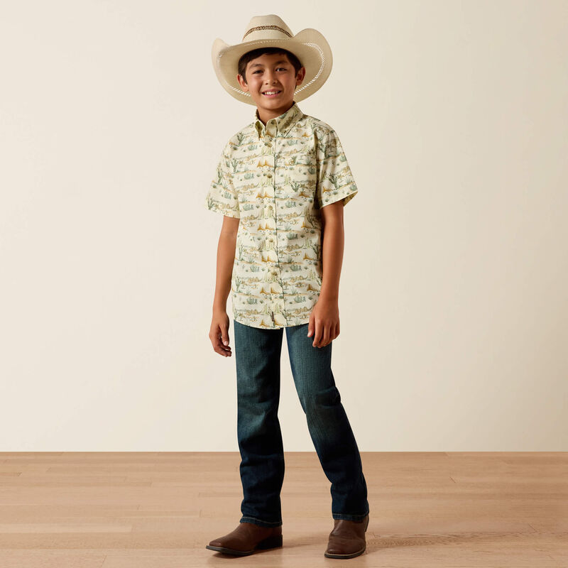 ARIAT YOUTH Sable Shirt-ALMOND OIL SCENIC PRINT