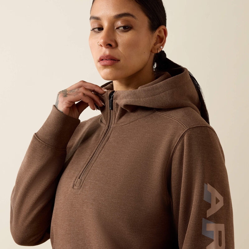 ARIAT Womens Rebar Lightweight Logo 1/2 Zip Hoodie-RAINDRUM HEATHER|GINGER SNAP