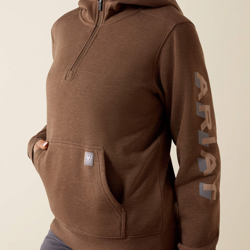 ARIAT Womens Rebar Lightweight Logo 1/2 Zip Hoodie-RAINDRUM HEATHER|GINGER SNAP