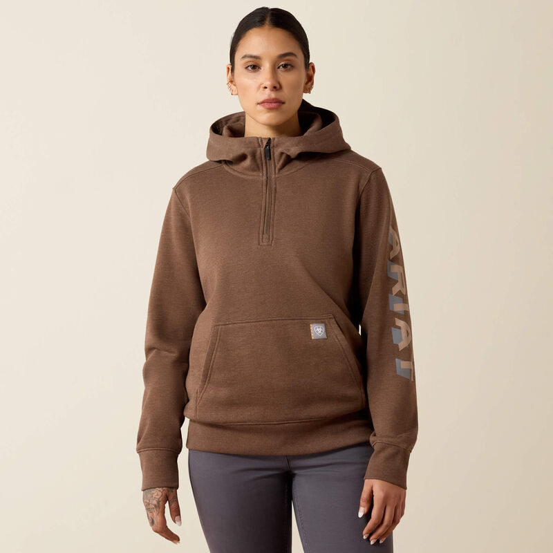 ARIAT Womens Rebar Lightweight Logo 1/2 Zip Hoodie-RAINDRUM HEATHER|GINGER SNAP