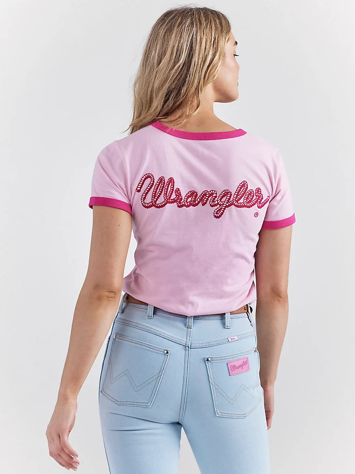 WRANGLER WOMENS X BARBIE™ LOGO SLIM RINGER TEE IN PINK