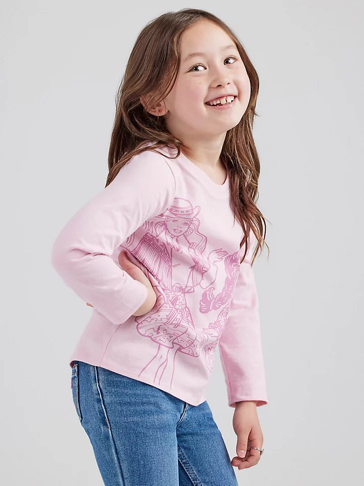 WRANGLER GIRLS X BARBIE™ GIRL'S GRAPHIC LONG SLEEVE TEE IN ORCHID PINK