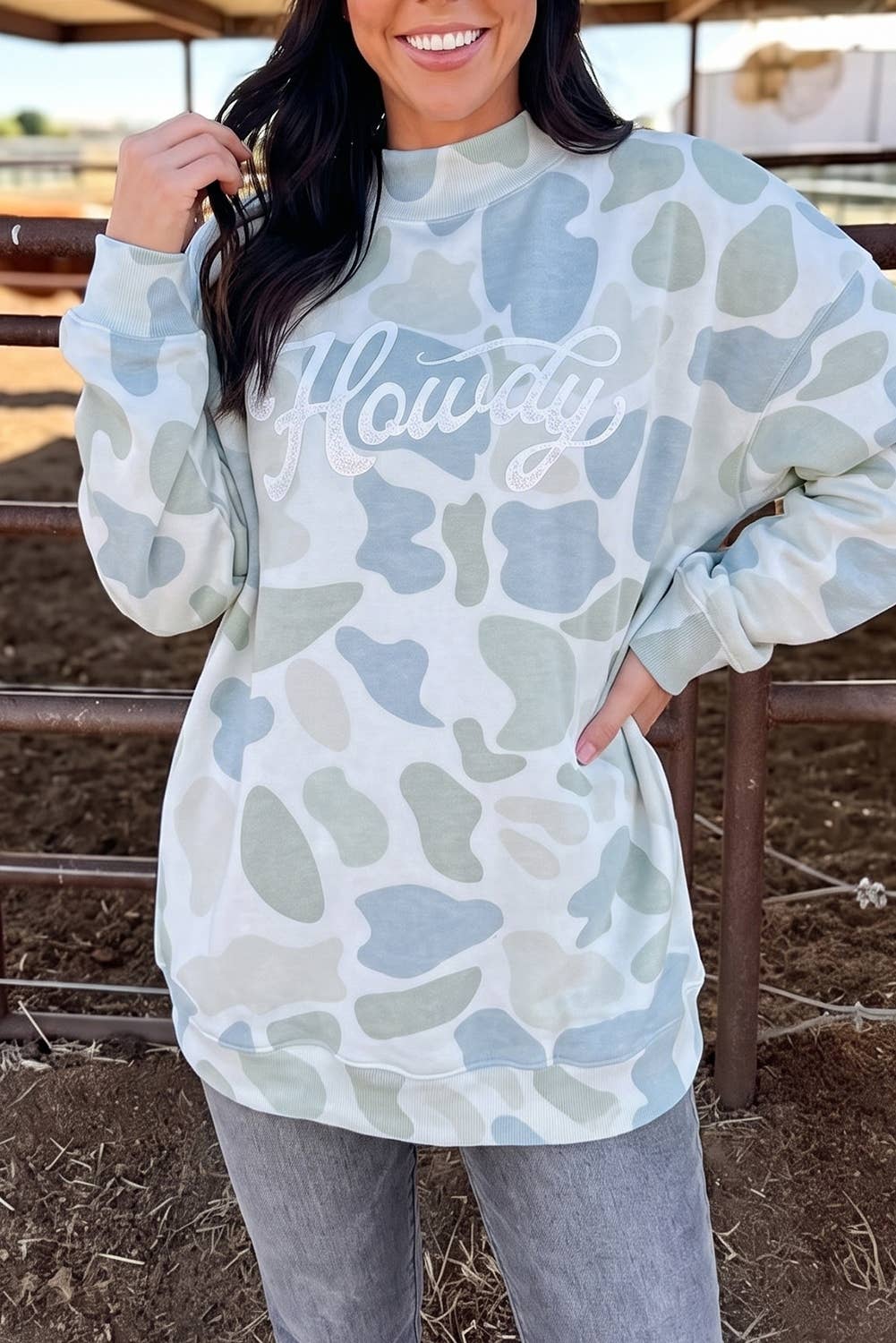 Camo Howdy Western Baggy Pullover Mock Neck Sweatshirt : Multicolour / S