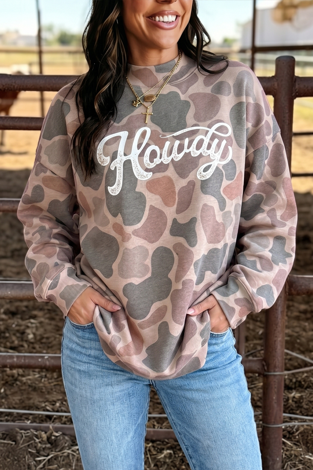 Camo Howdy Western Baggy Pullover Mock Neck Sweatshirt : Multicolour / S