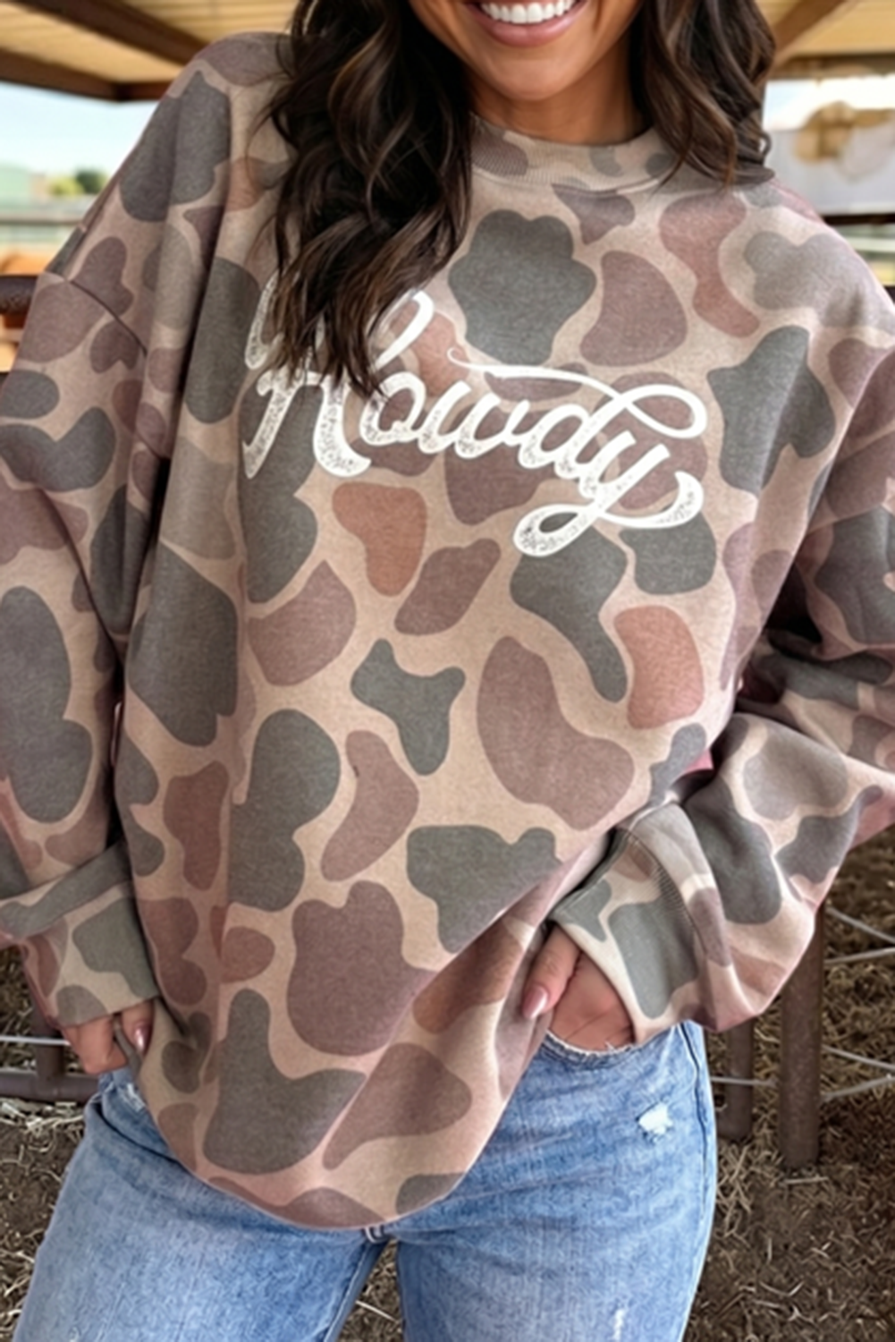 Camo Howdy Western Baggy Pullover Mock Neck Sweatshirt : Multicolour / S