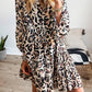 Leopard Print Buttoned Front 3/4 Sleeve Tiered Ruffled Hem Dress: Khaki / 100%Polyester / S