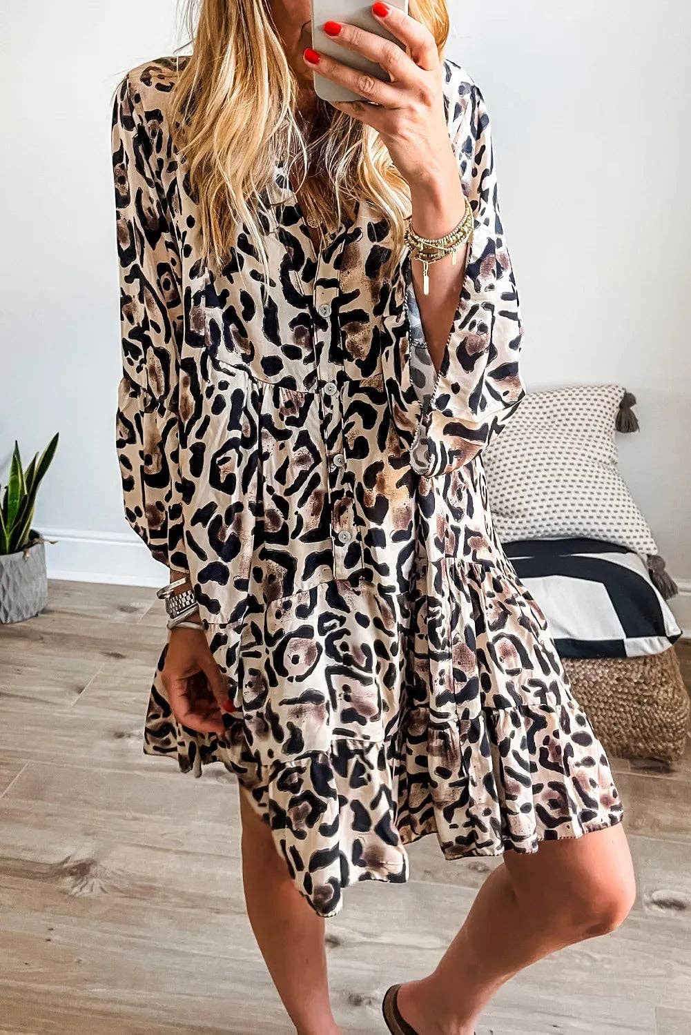 Leopard Print Buttoned Front 3/4 Sleeve Tiered Ruffled Hem Dress: Khaki / 100%Polyester / S