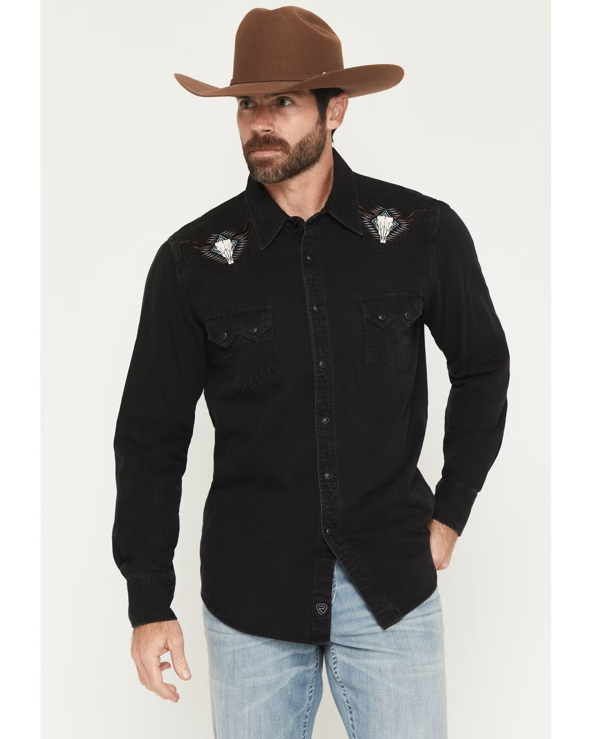 Rock & Roll Denim Men's Longhorn Embroidered Long Sleeve Snap Denim Shirt