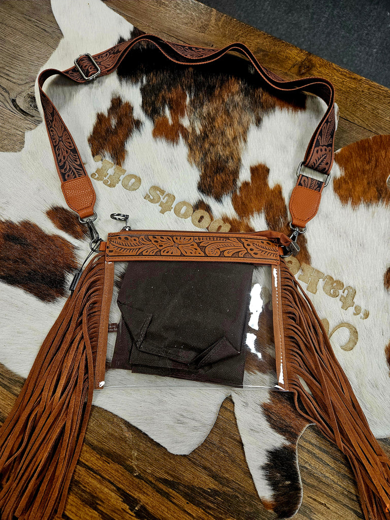Montana West Western Fringe Stadium Clear Crossbody Bag Light Brown