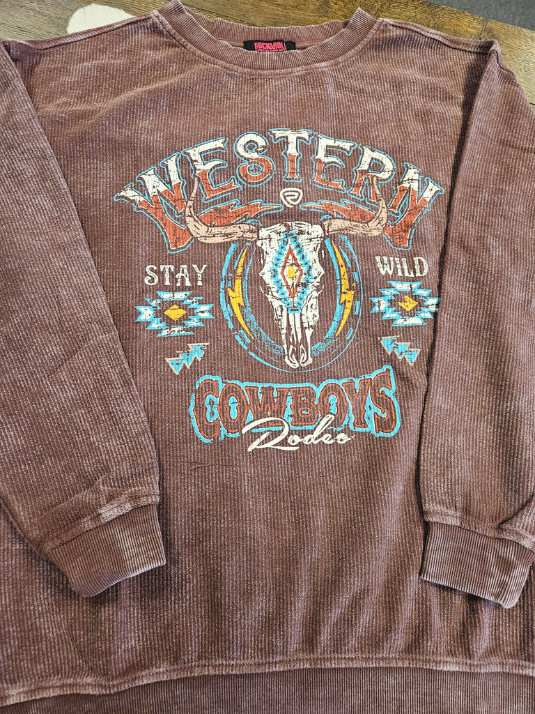 ROCK & ROLL WOMENS WESTERN COWBOYS RIBBED PULLOVER
