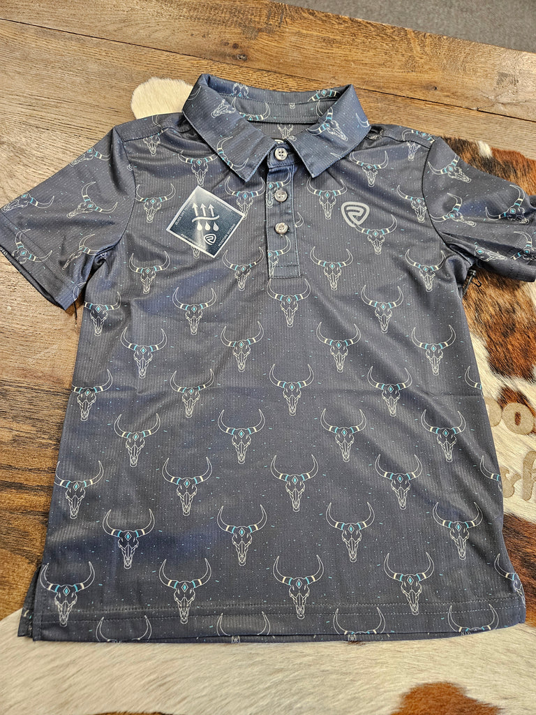ROCK & ROLL YOUTH LONGHORN PRINTED POLO CHARCOAL