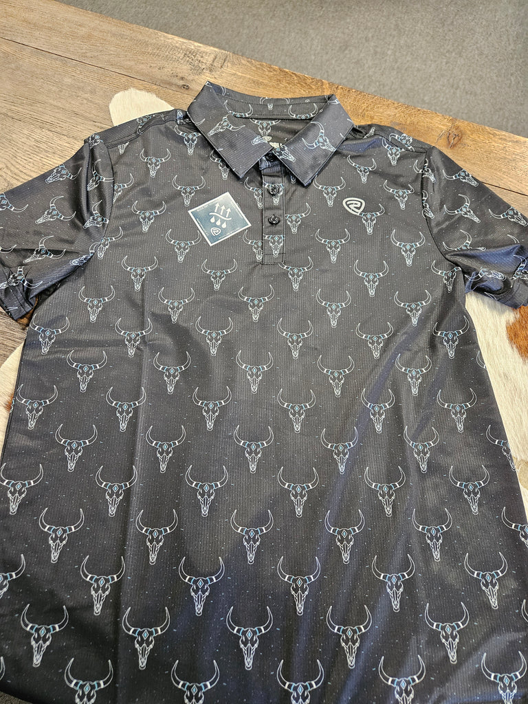 ROCK & ROLL MENS LONGHORN PRINTED POLO BLACK