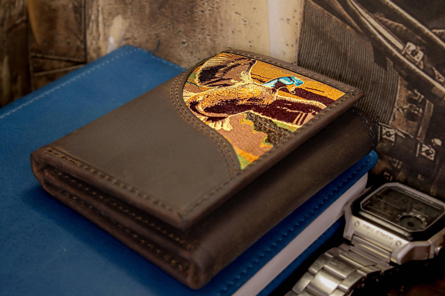 Mallard Men's Trifold Woven Patch Leather Wallet.