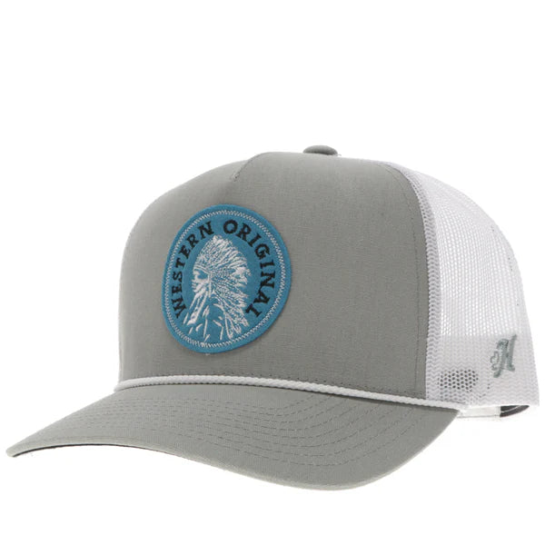 HOOEY "QUANAH" HAT GREY/WHITE W/BLACK & BLUE PATCH
