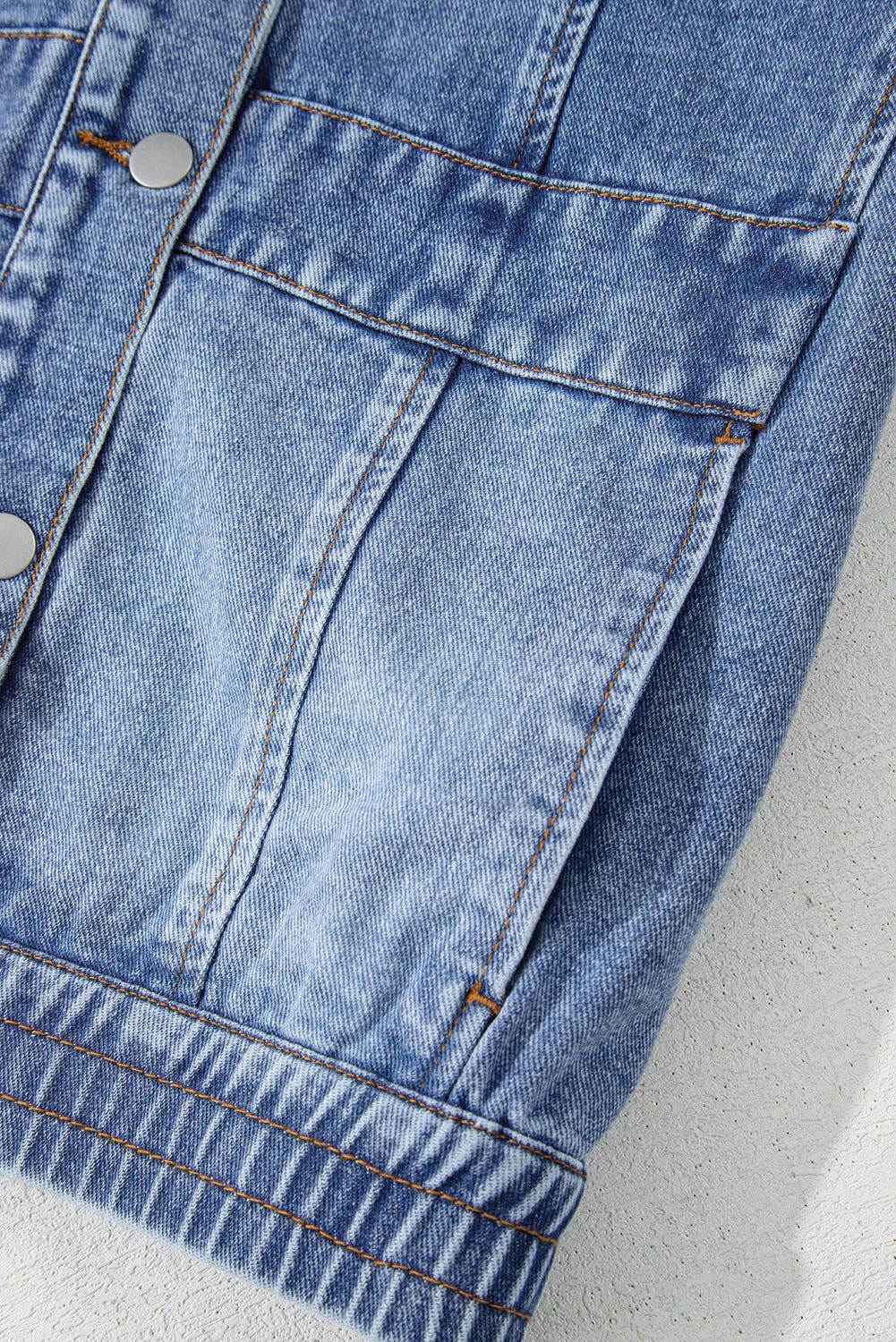 Ashleigh Blue Acid Wash Elastic Hem Button Up Denim Vest: Ashleigh Blue / 75%Cotton+25%Polyester / M