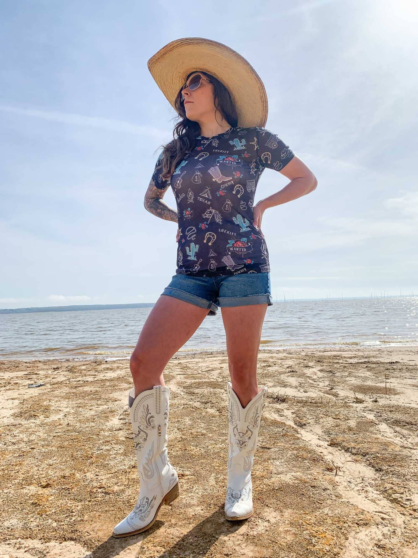 Texas Rodeo Short Sleeve Mesh Top - Black/Turq/White