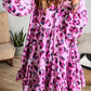 Leopard Print Buttoned Front 3/4 Sleeve Tiered Ruffled Hem Dress: Khaki / 100%Polyester / S