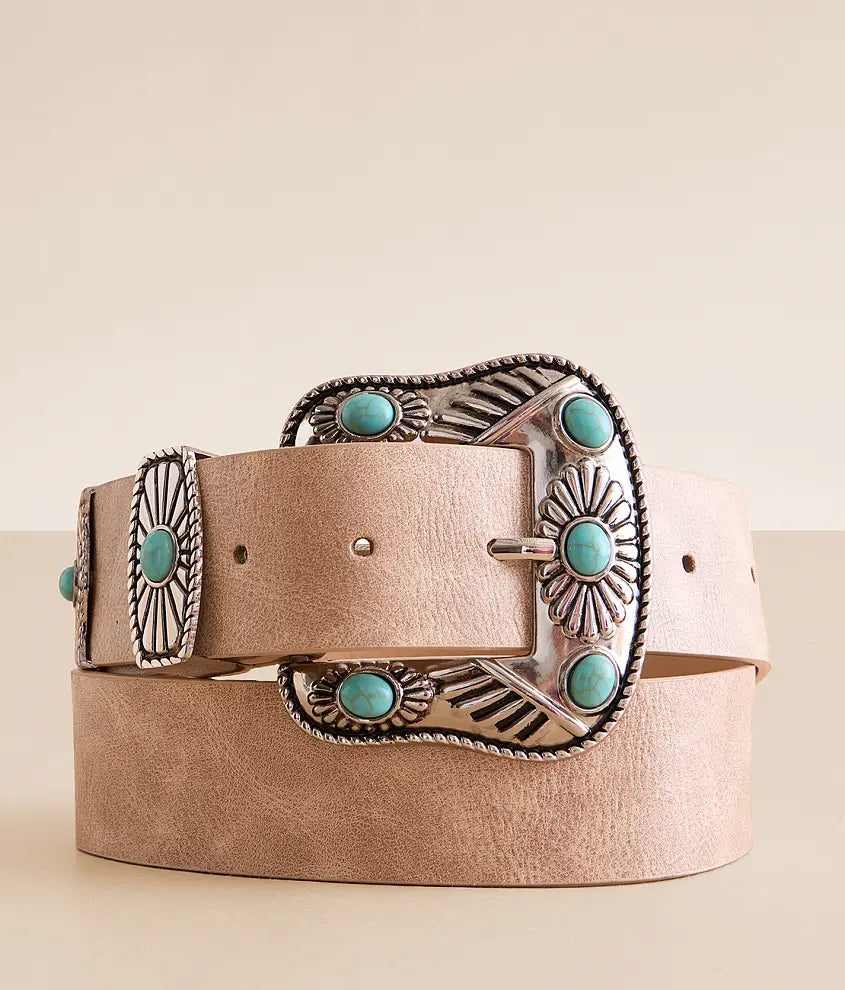 TBB CREAM BELT STUDDED TURQUOISE BUCKLE O/S