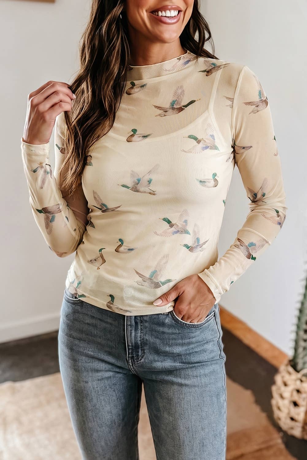 Western Mock Neck Print Mesh Sheer Long Sleeve Top(S-4X): Beige / S