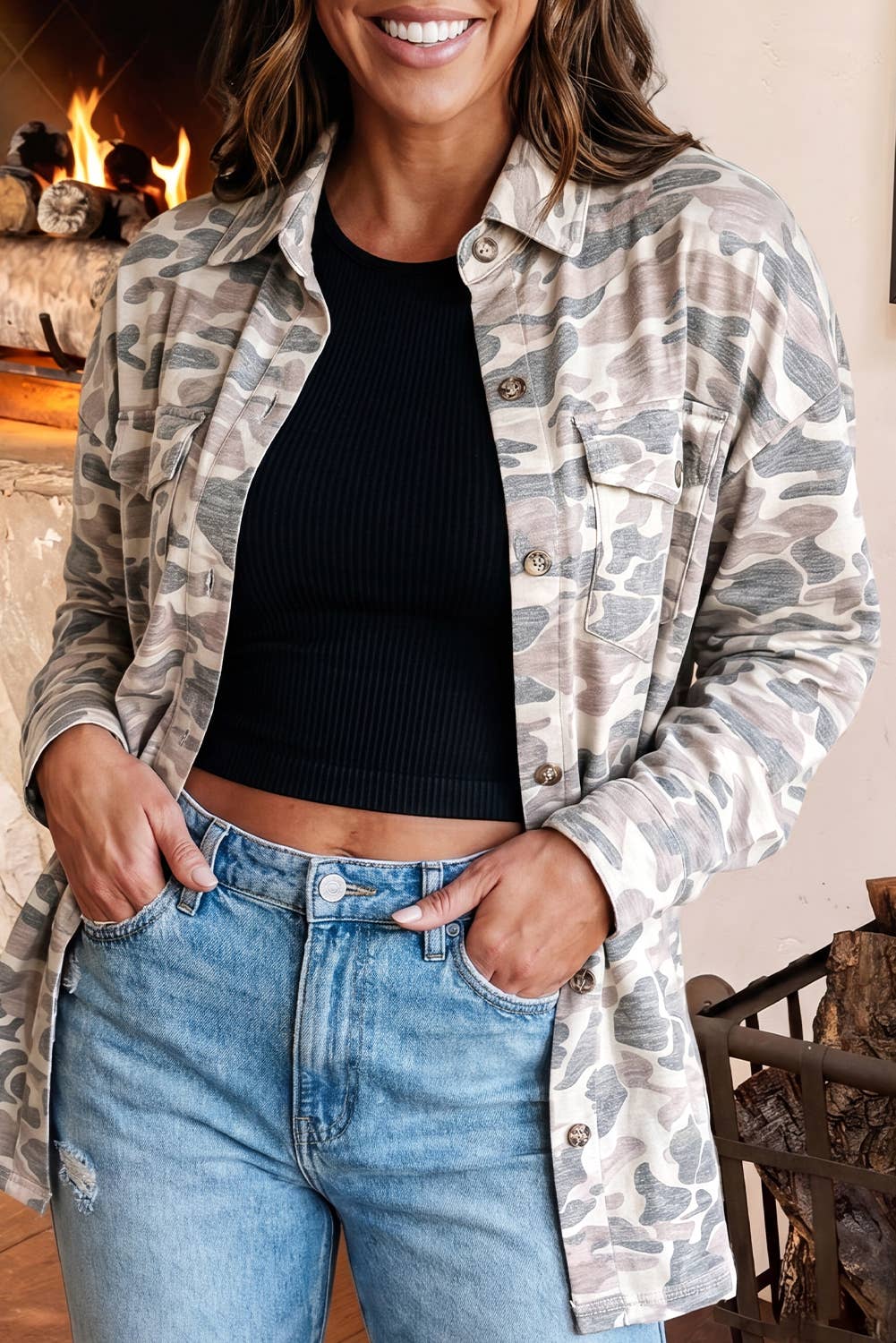 Casual Camouflage Button Down Tunic Shacket: Multicolour / S