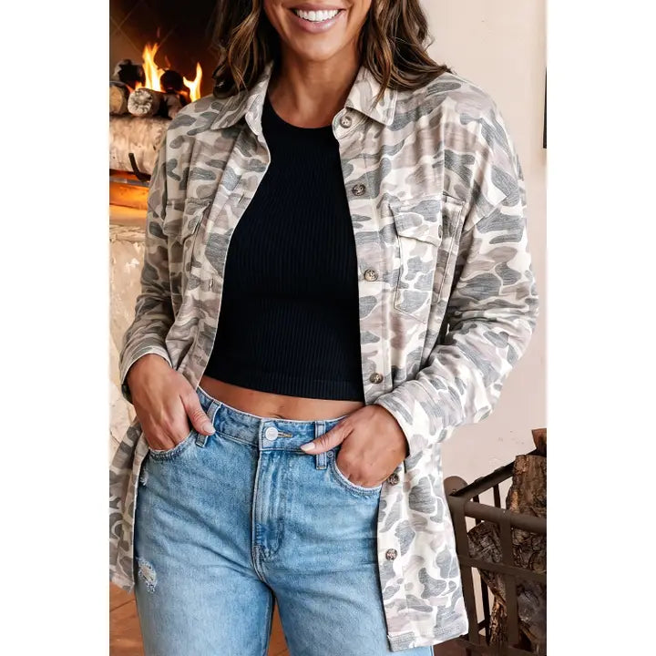 Casual Camouflage Button Down Tunic Shacket
