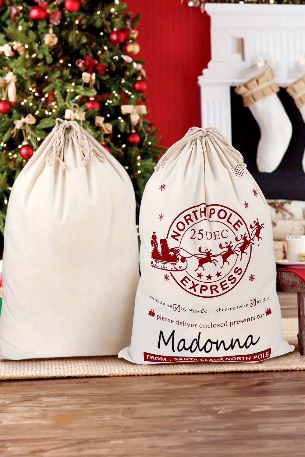 Christmas Santa Claus Drawstring Gift Sack Bag: White
