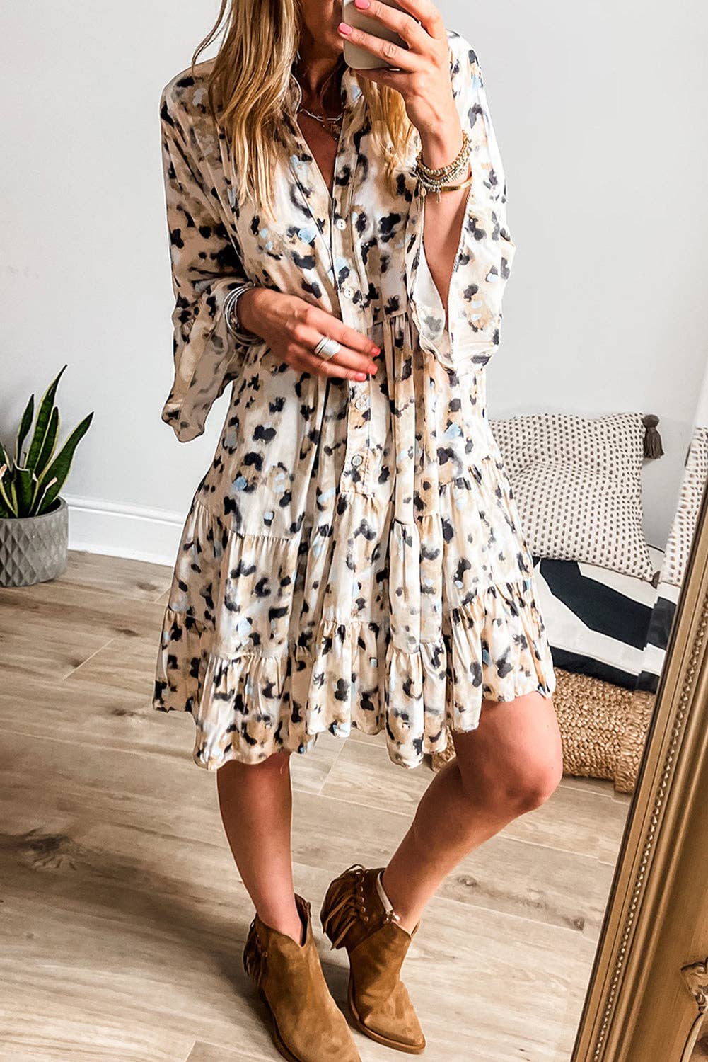 Leopard Print Buttoned Front 3/4 Sleeve Tiered Ruffled Hem Dress: Khaki / 100%Polyester / S