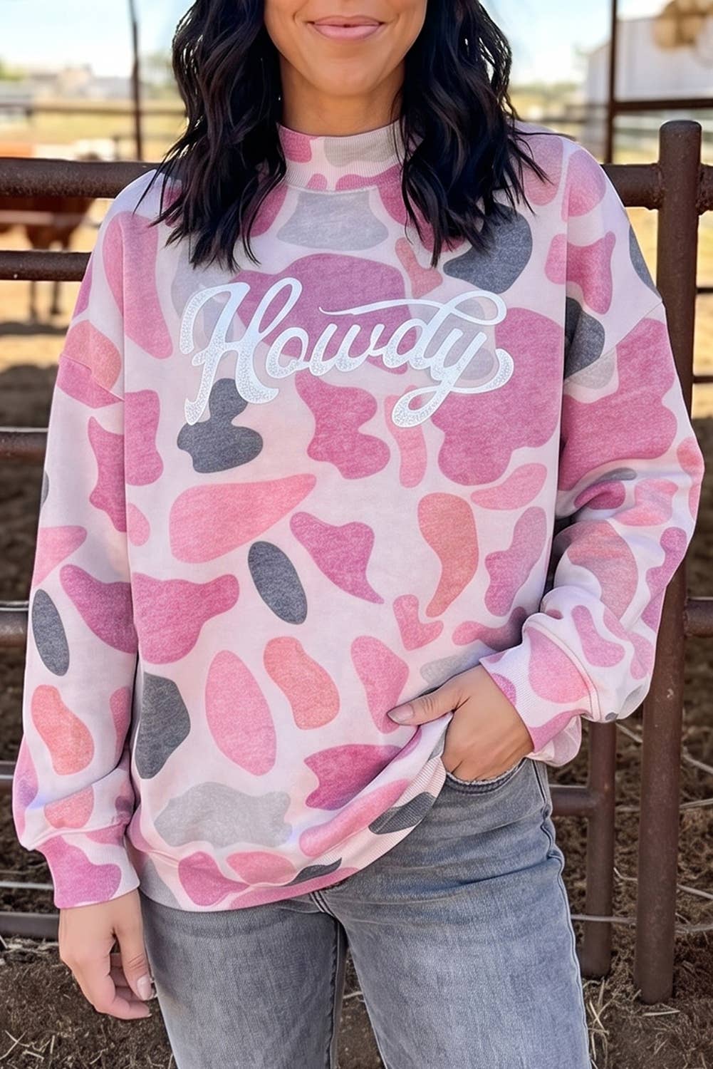 Camo Howdy Western Baggy Pullover Mock Neck Sweatshirt : Multicolour / S